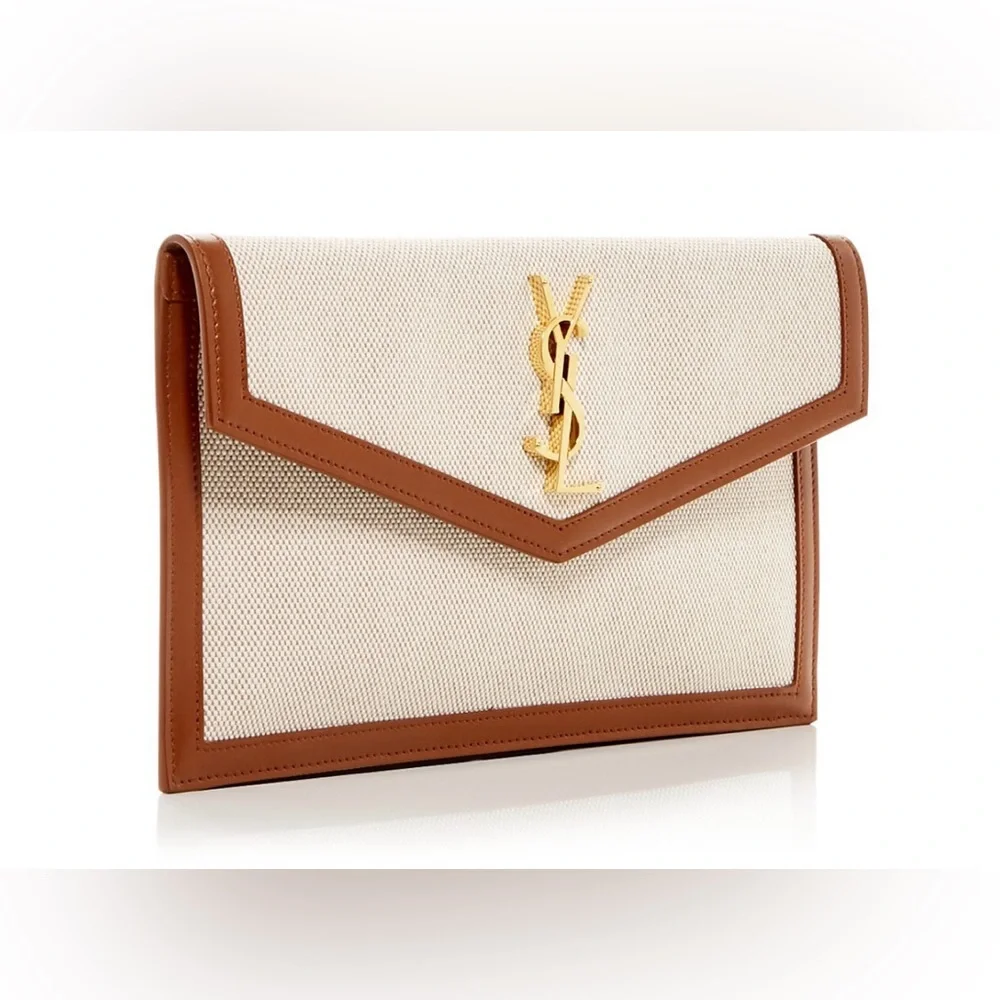 Saint Laurent Uptown Clutch Beige Canvas Tan Leather YSL $730 - Picture 4 of 10